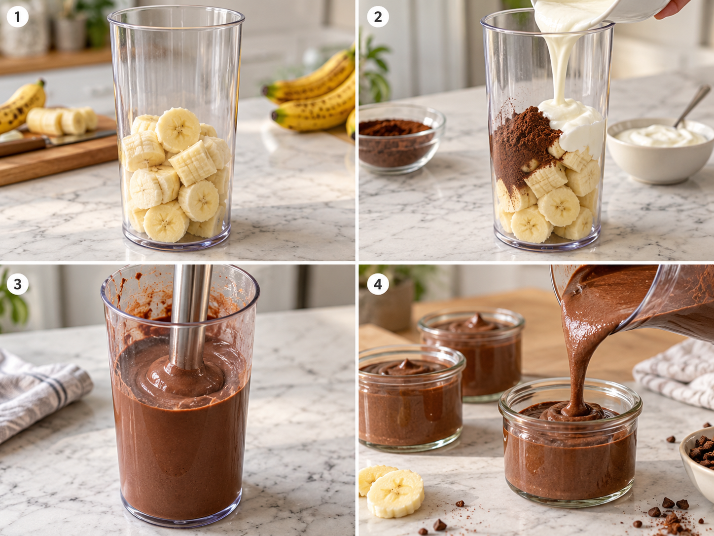 Vier Schritte für Schokoladencreme aus Banane, Joghurt und Kakao