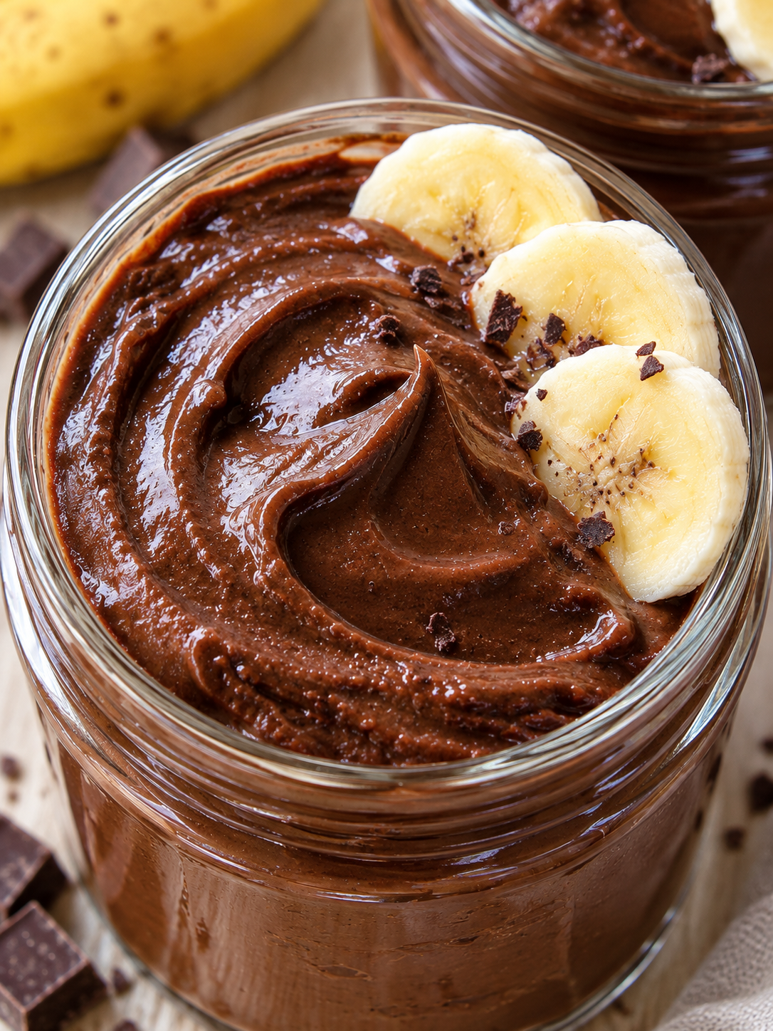 Schokoladendessert im Glas mit cremiger Oberfläche und Banane