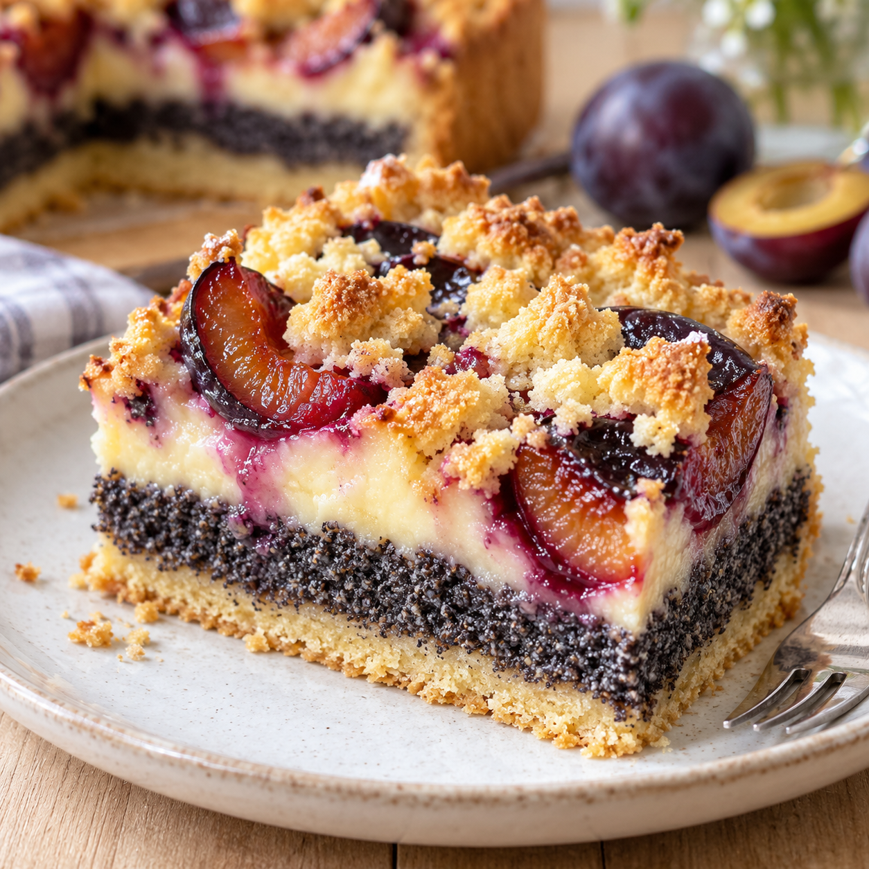 Zwetschgen-Mohnkuchen mit Pudding und goldenen Streuseln