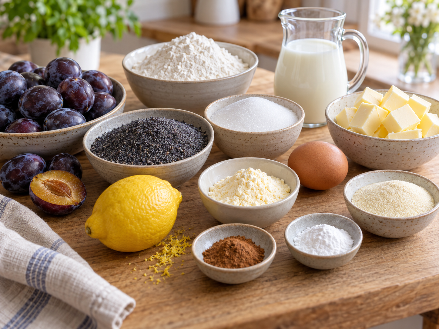 Zutaten für Zwetschgen-Mohnkuchen mit Mohn, Pudding und Streuseln