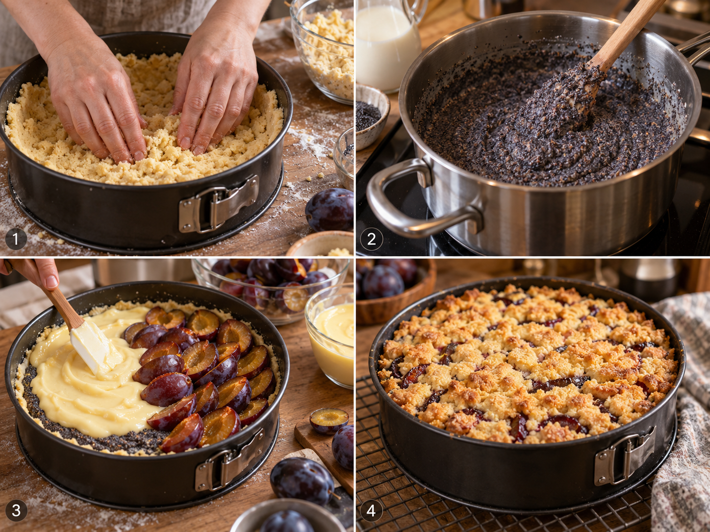 Vier Schritte für Zwetschgen-Mohnkuchen mit Pudding und Streuseln