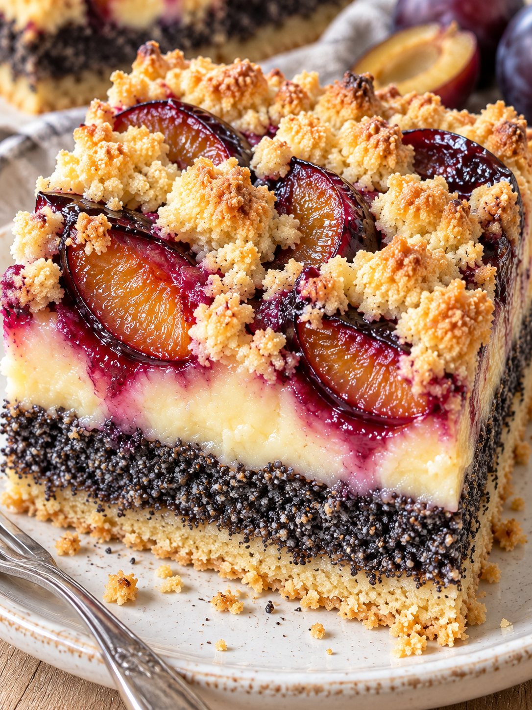 Saftiges Stück Zwetschgen-Mohnkuchen mit Pudding und Streuseln