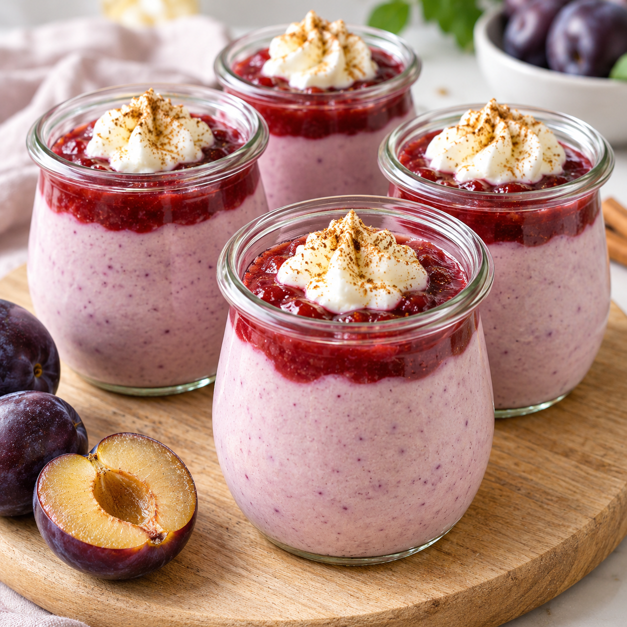 Zwetschgencreme mit Joghurt im Glas mit Püree und Sahnetupfen