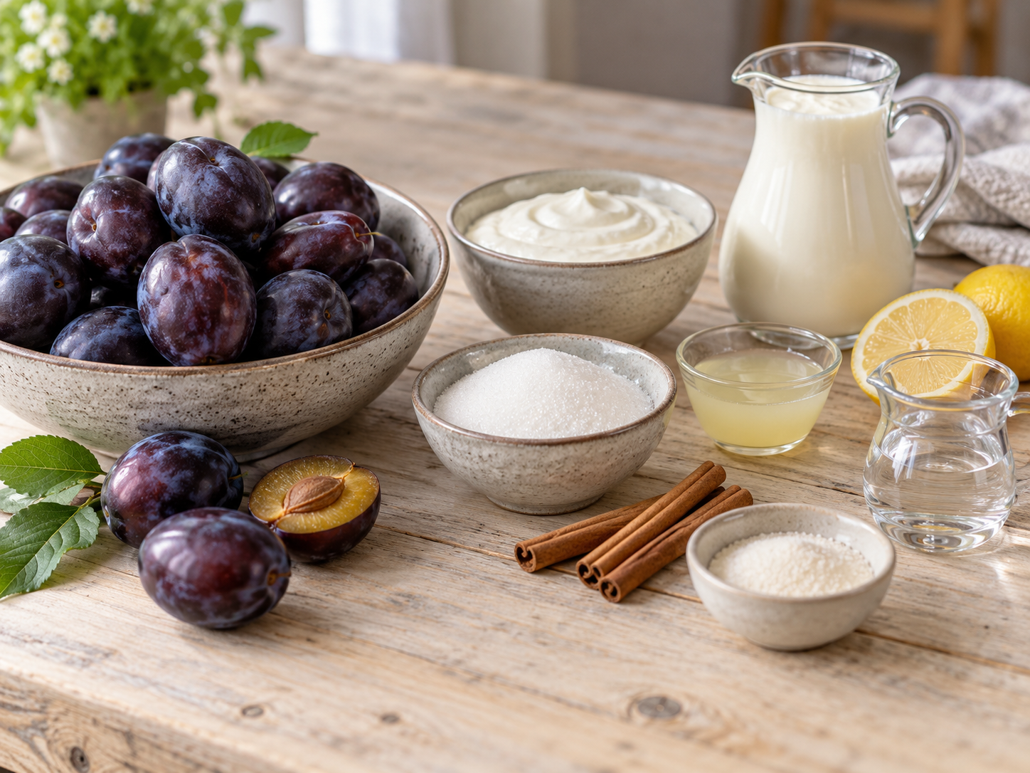Zutaten für Zwetschgencreme mit Joghurt auf heller Holzfläche