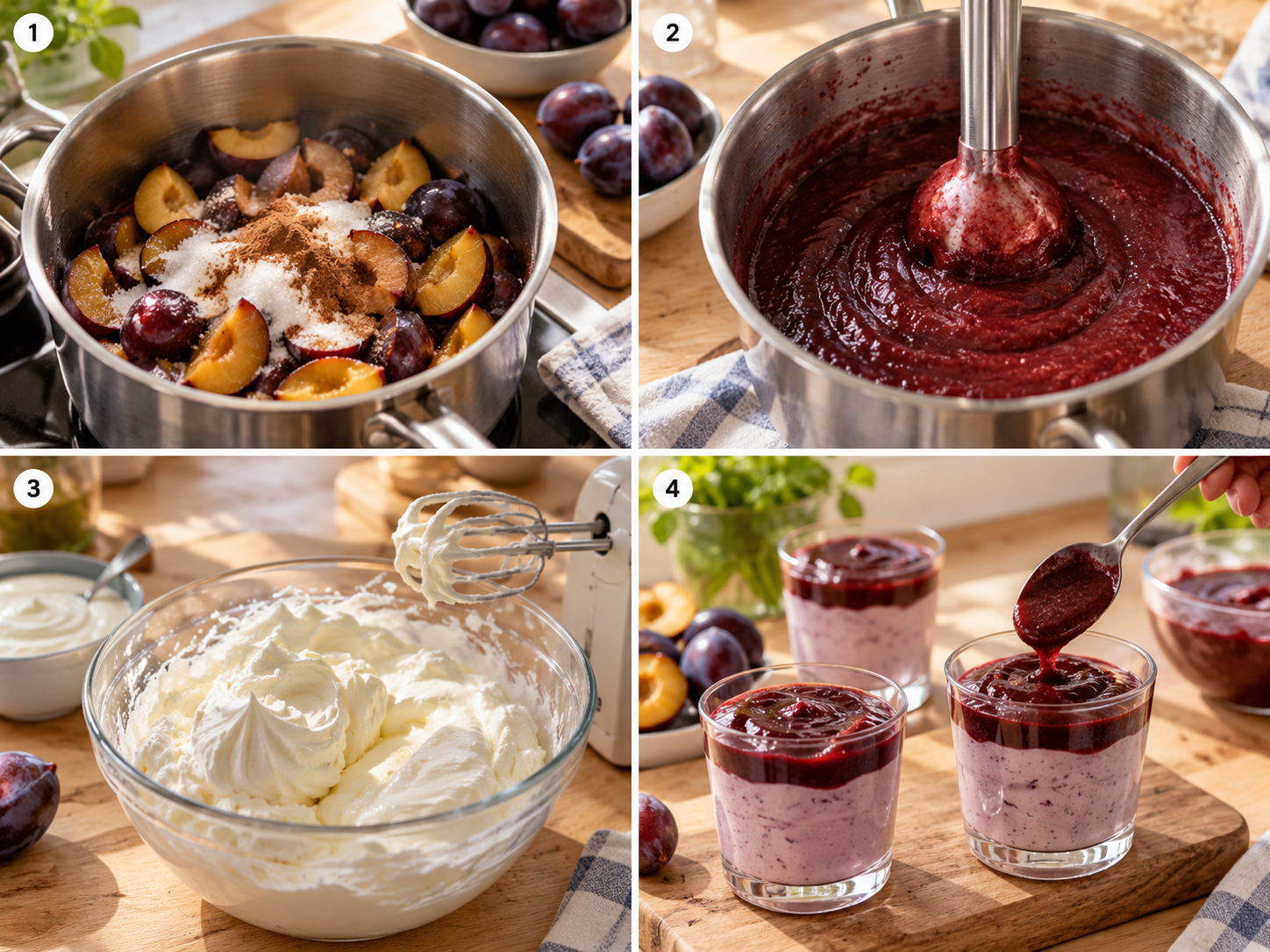 Vier Schritte für Zwetschgencreme mit Joghurt vom Püree bis zum Glas
