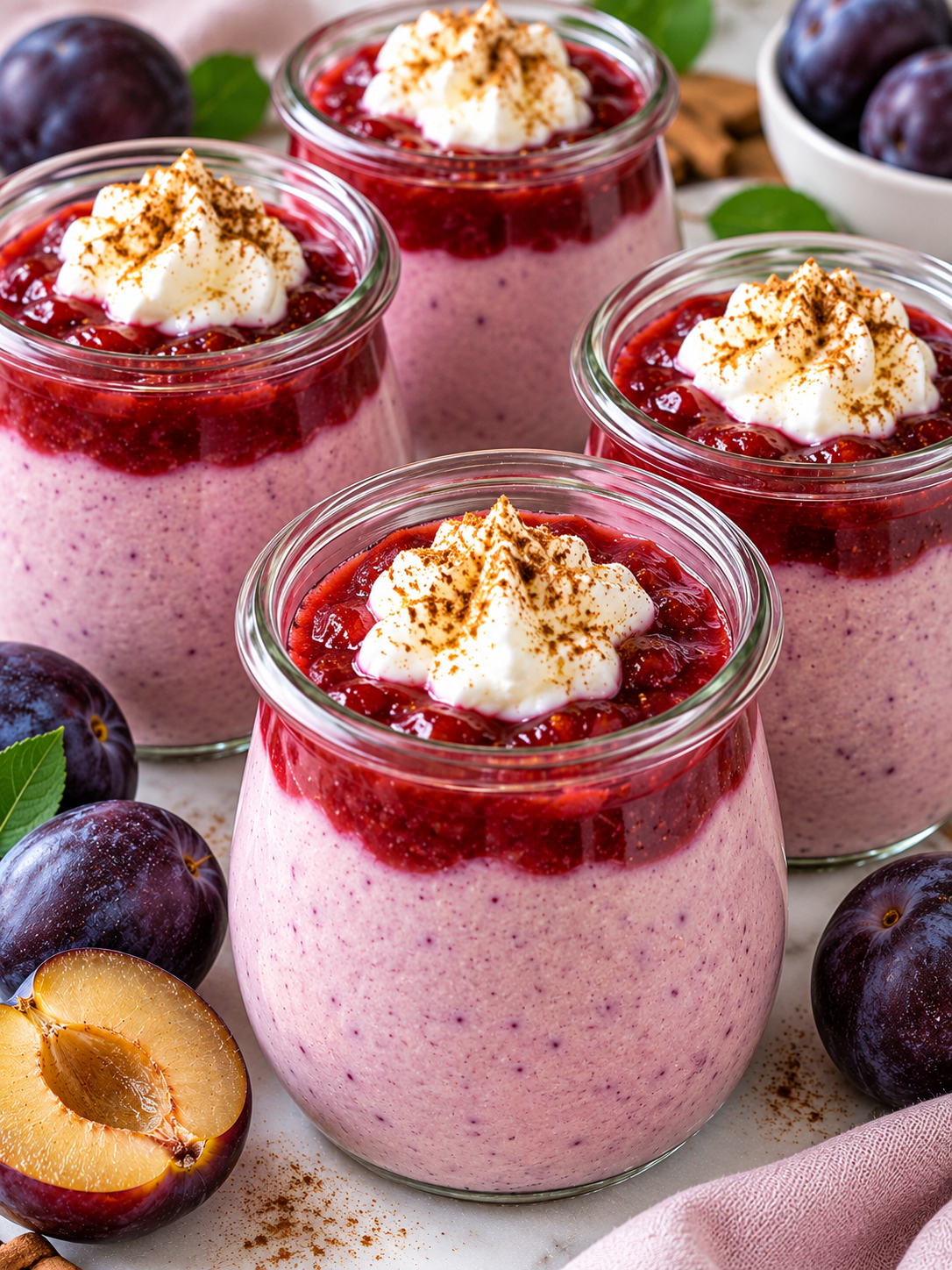 Zwetschgencreme mit Joghurt in Gläsern mit rotem Püree und Sahne