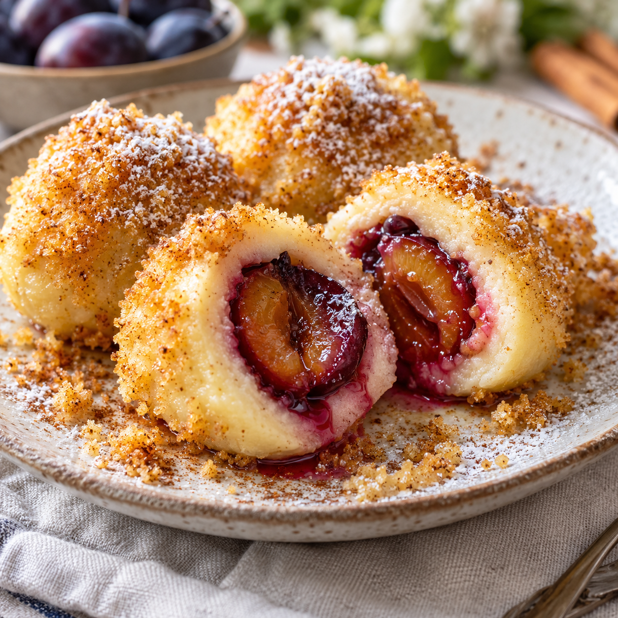 Zwetschgenknödel mit violetter Füllung und goldenen Butterbröseln