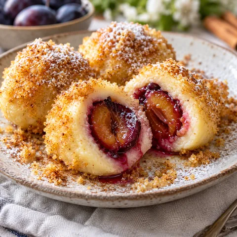Zwetschgenknödel mit violetter Füllung und goldenen Butterbröseln