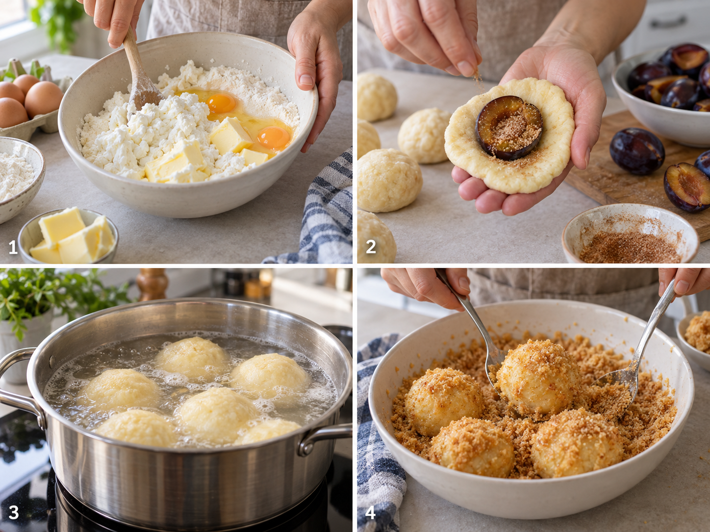 Vier Schritte für Zwetschgenknödel vom Teig bis zu Butterbröseln
