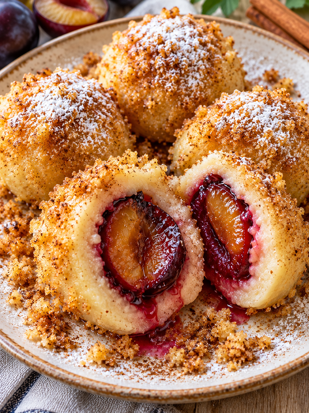 Aufgebrochene Zwetschgenknödel mit Butterbröseln und Puderzucker