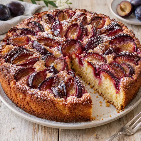 Runder Zwetschgenkuchen mit Puderzucker und goldbraunem Rand