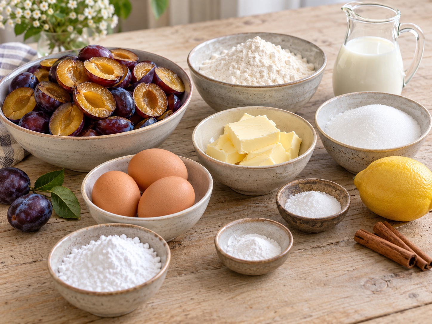 Zutaten für Zwetschgenkuchen mit Butter, Eiern, Mehl und Zwetschgen