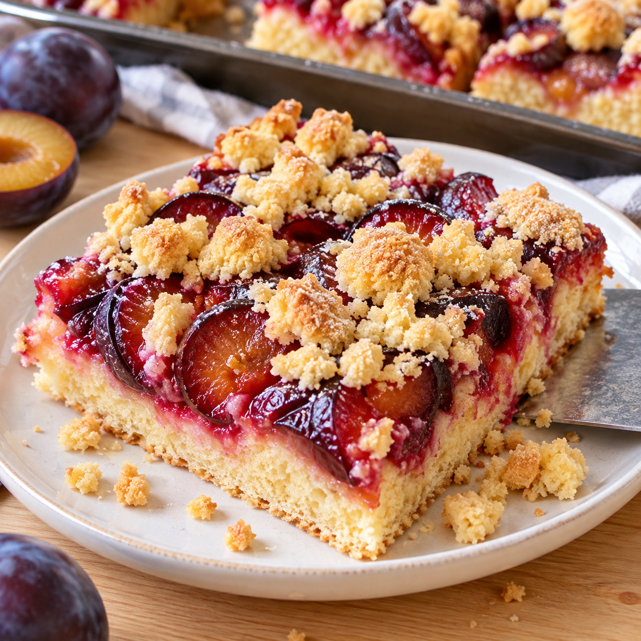Zwetschgenkuchen mit Streuseln auf hellem Teller