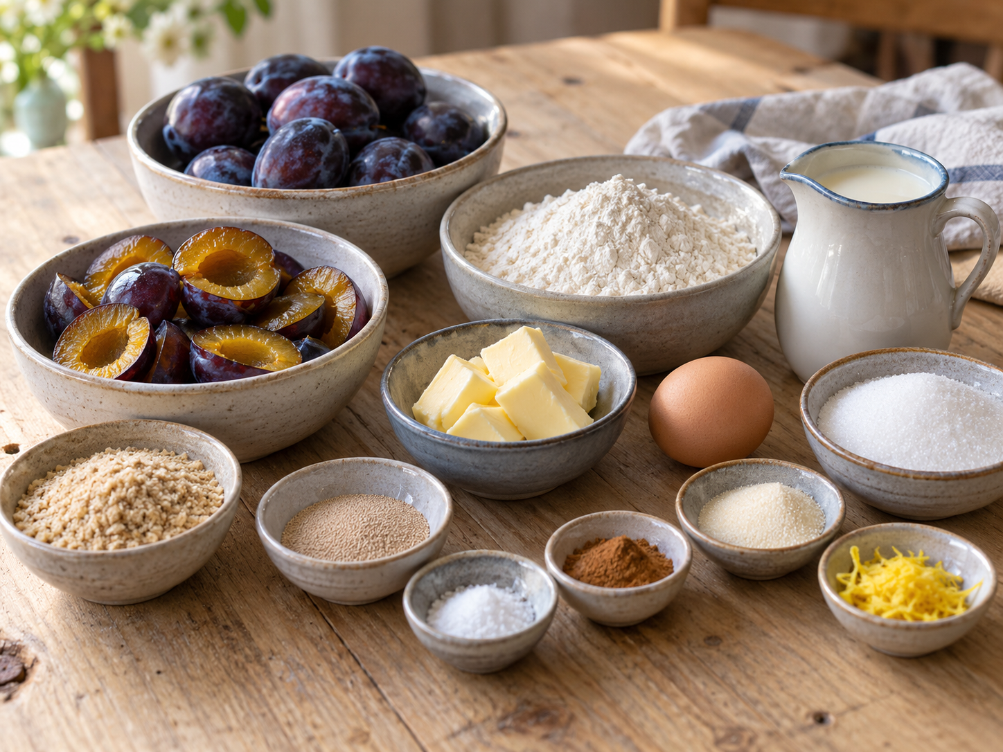 Zutaten fuer Zwetschgenkuchen mit Streuseln auf Holzflaeche