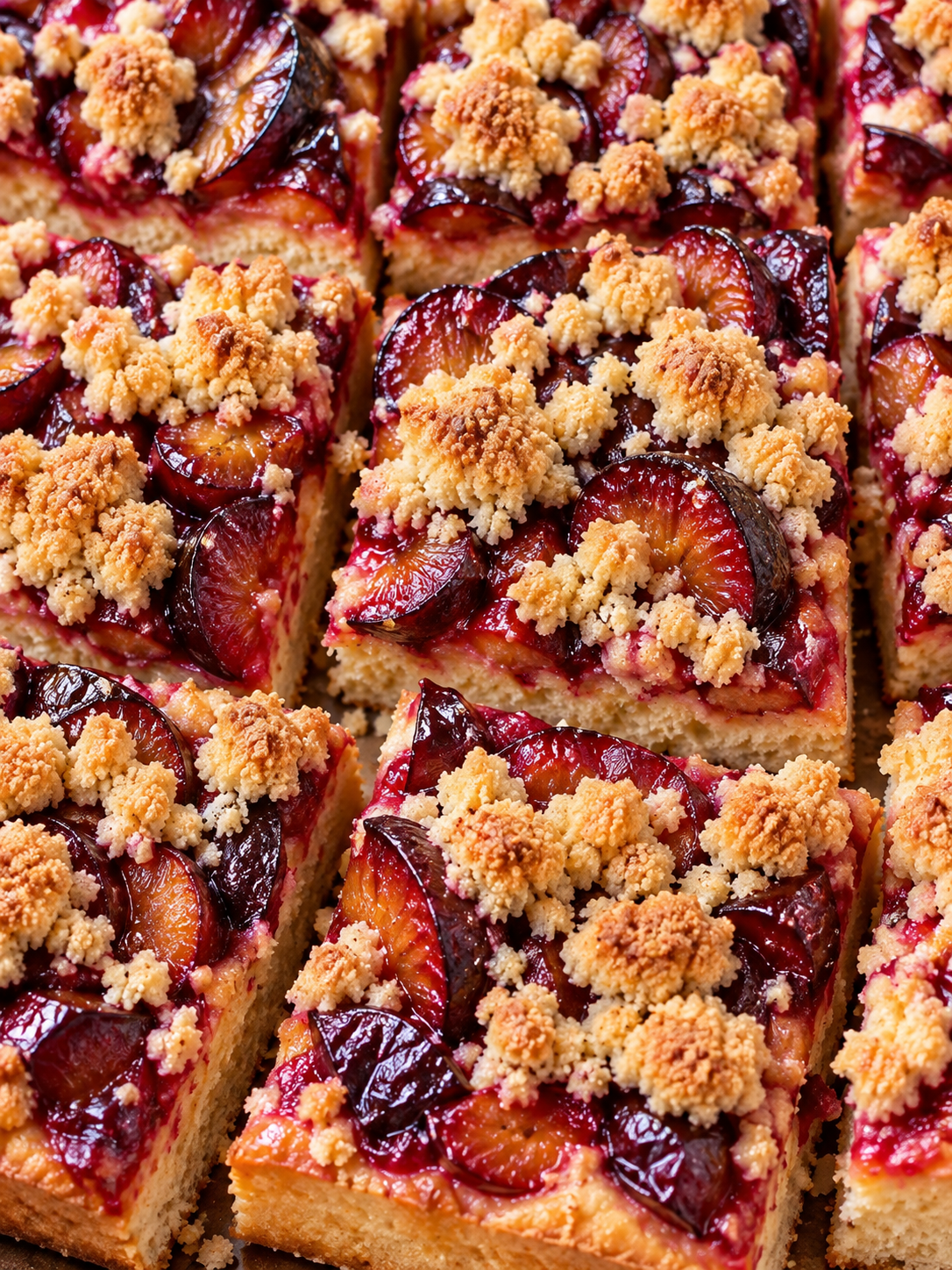 Zwetschgenkuchen mit Streuseln in saftigen Stuecken