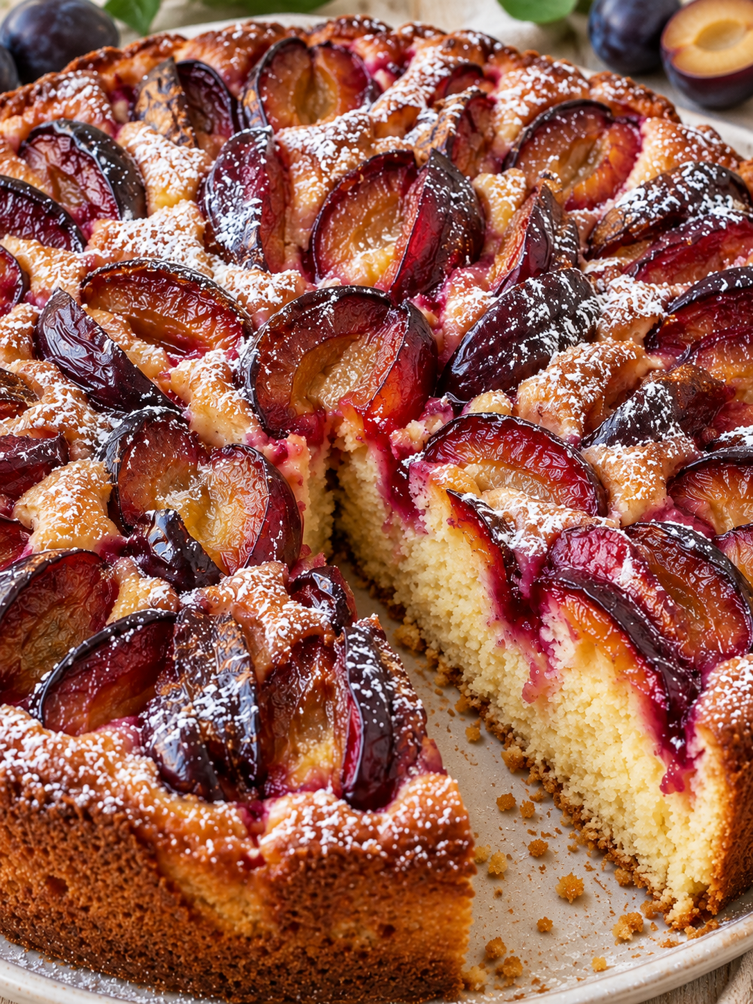 Saftiger Zwetschgenkuchen mit Puderzucker und sichtbarer Fruchtauflage