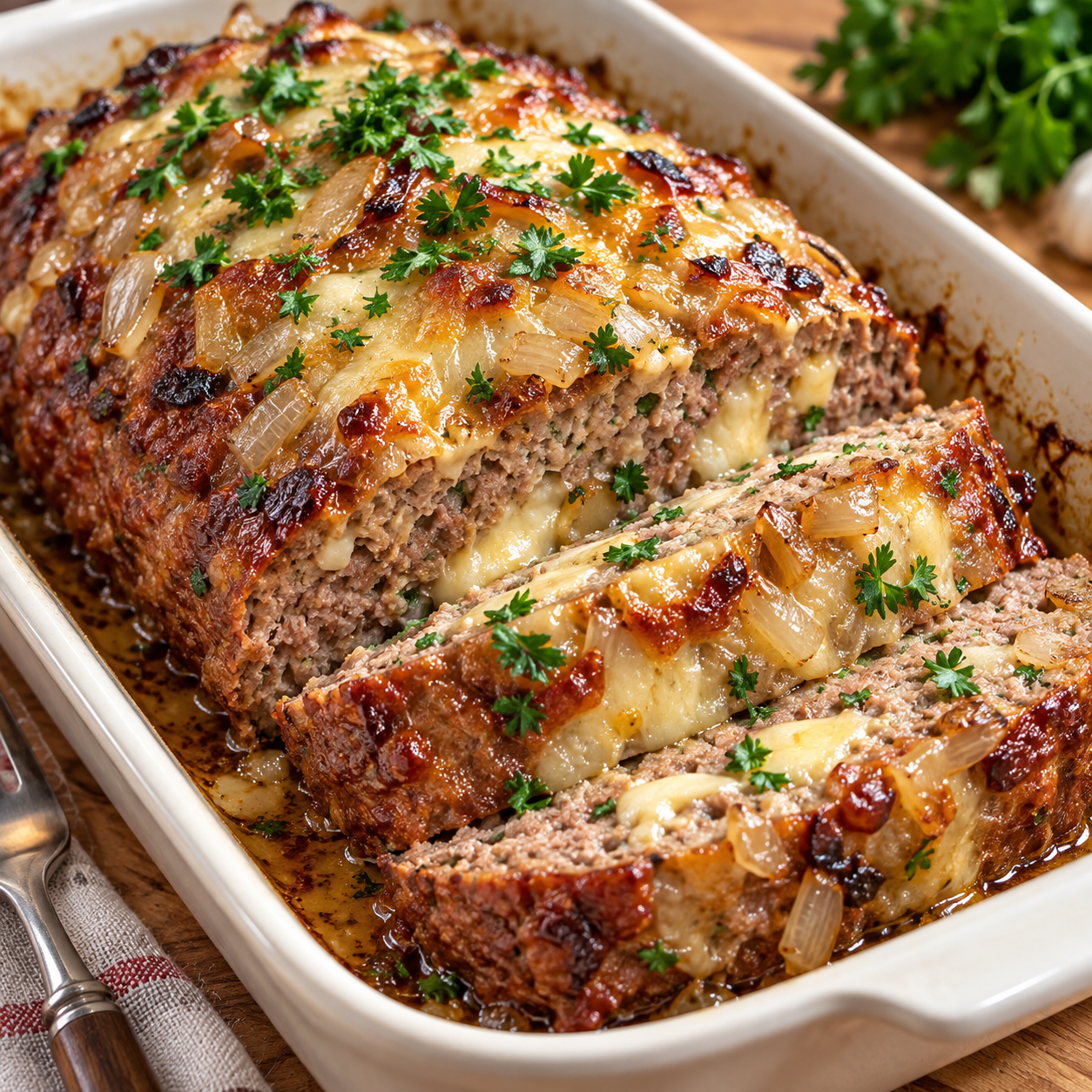 Zwiebel-Hackbraten mit geschmolzenem Käse und Petersilie