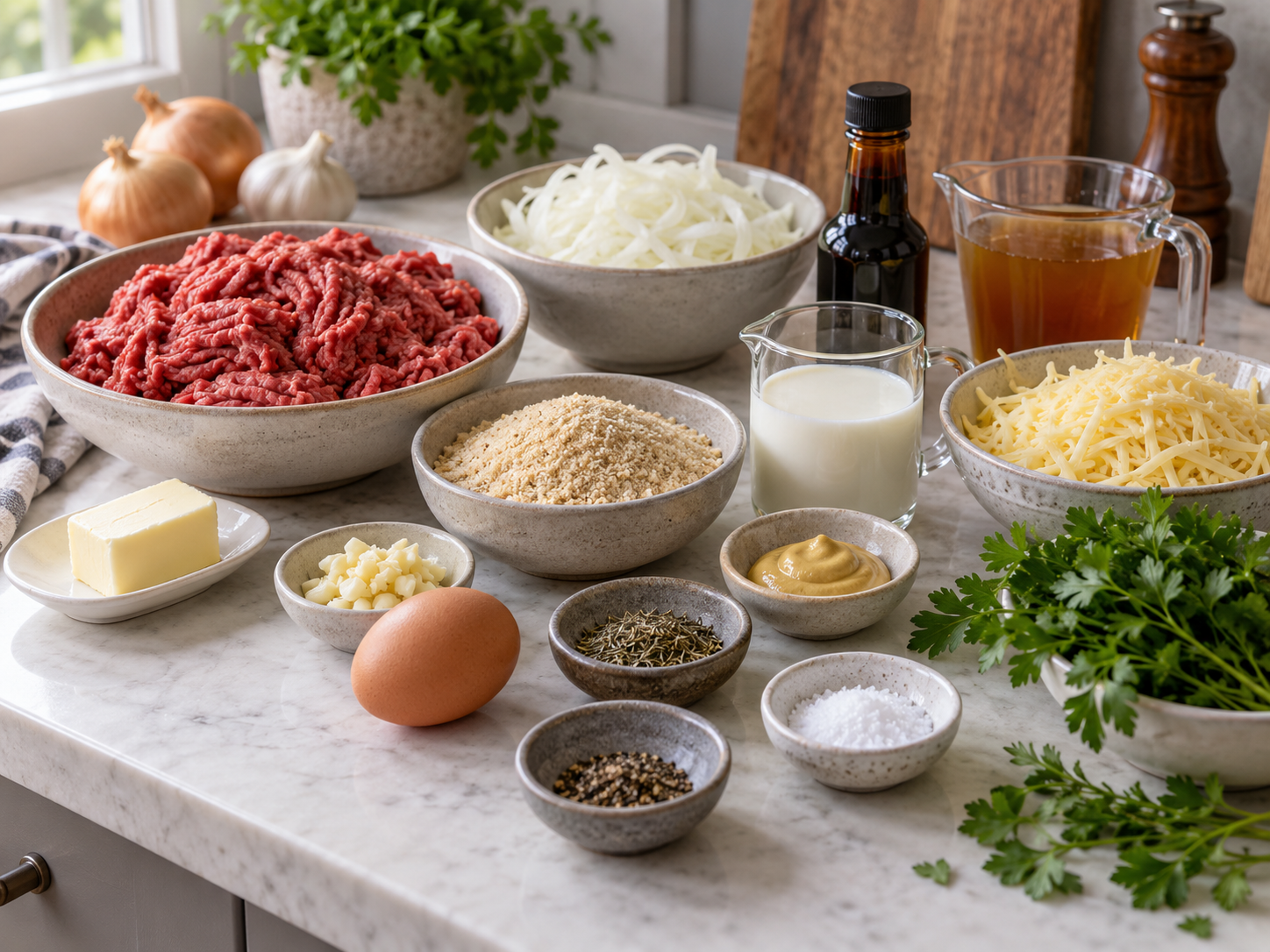 Zutaten für Zwiebel-Hackbraten mit Käse auf heller Arbeitsfläche