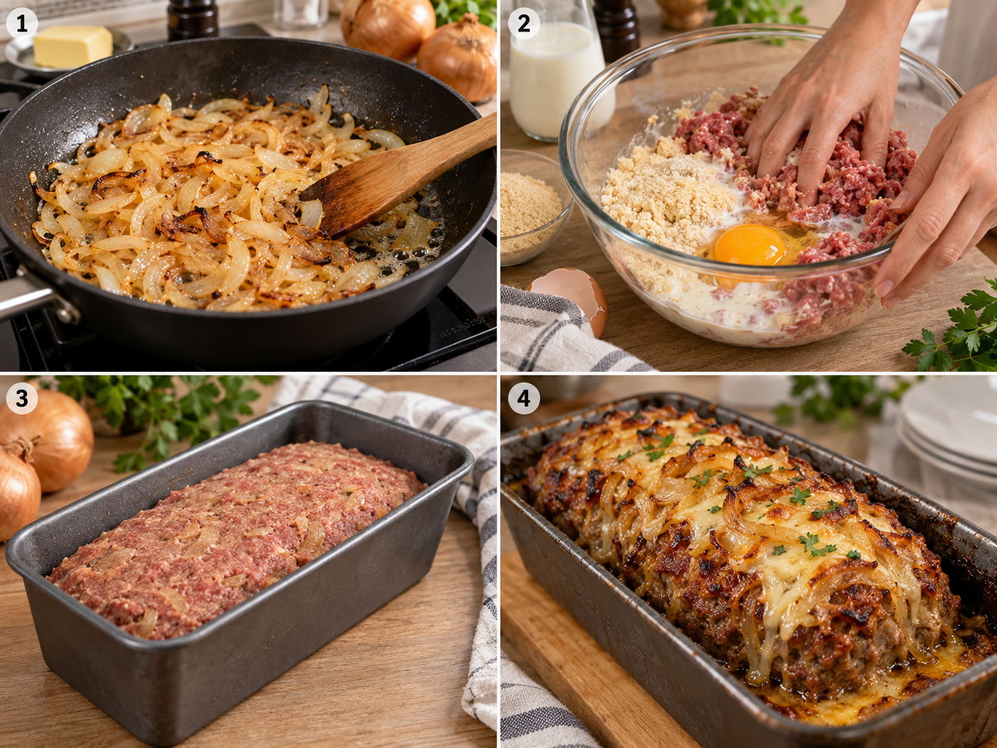 Vier Schritte für Zwiebel-Hackbraten mit Käse im Ofen
