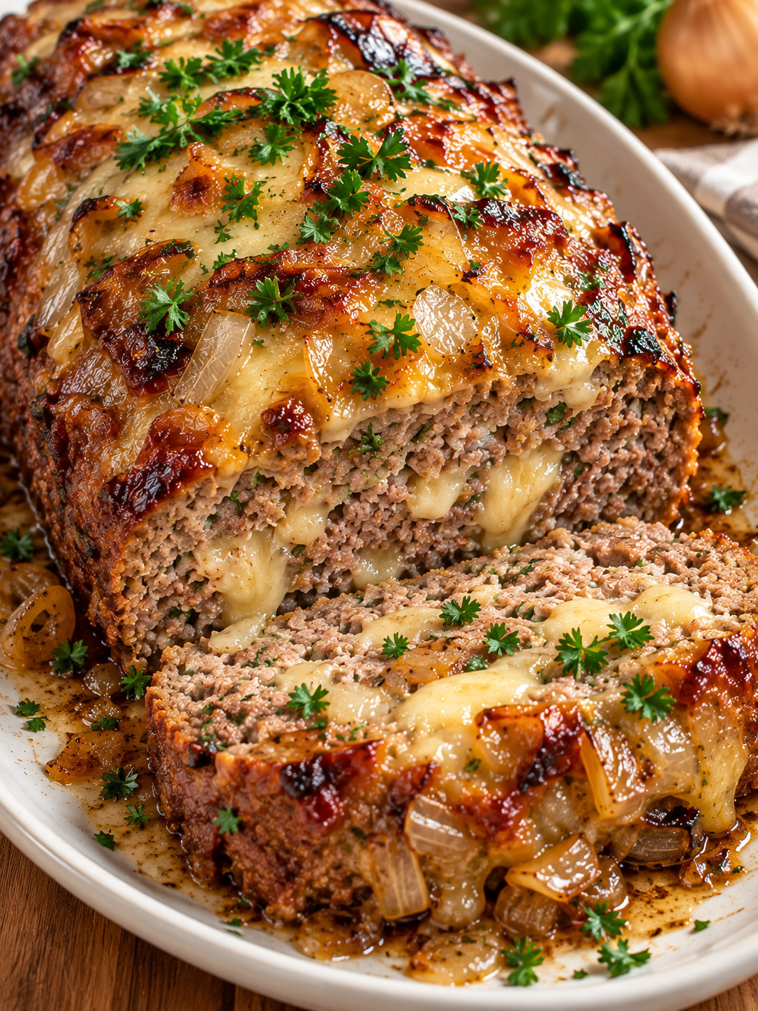 Angeschnittener Zwiebel-Hackbraten mit Käse und karamellisierten Zwiebeln