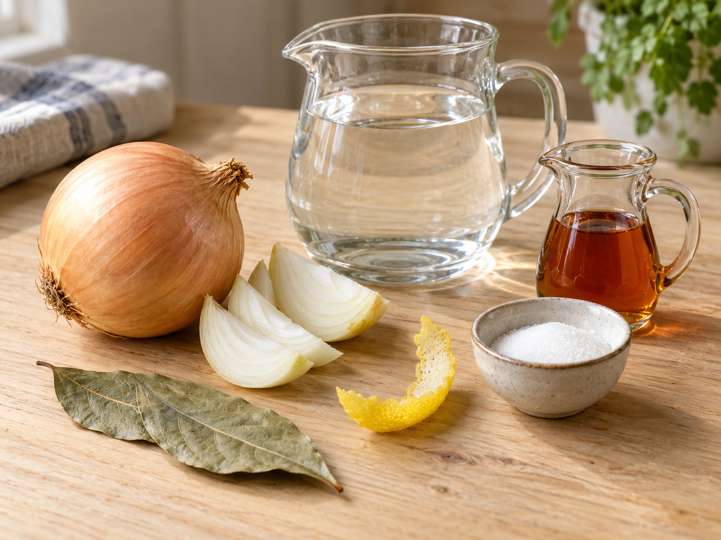 Zutaten für Zwiebel-Lorbeerblatt-Tee mit Zwiebel, Lorbeer und Zitrone