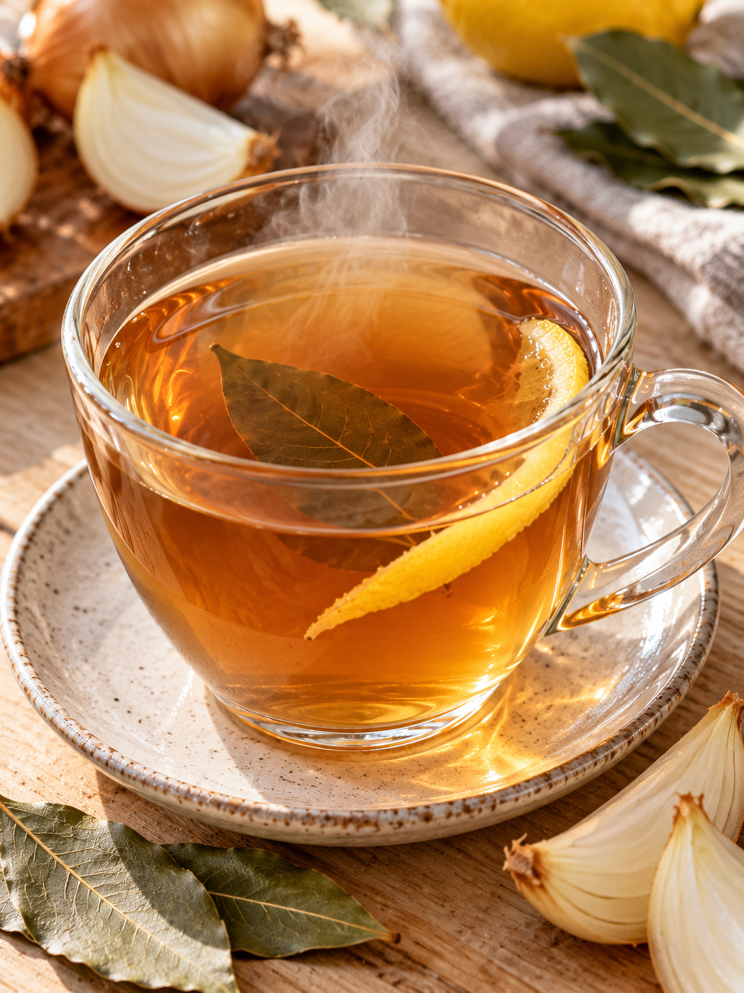 Warmer Zwiebel-Lorbeerblatt-Tee mit Zitronenschale und Lorbeer