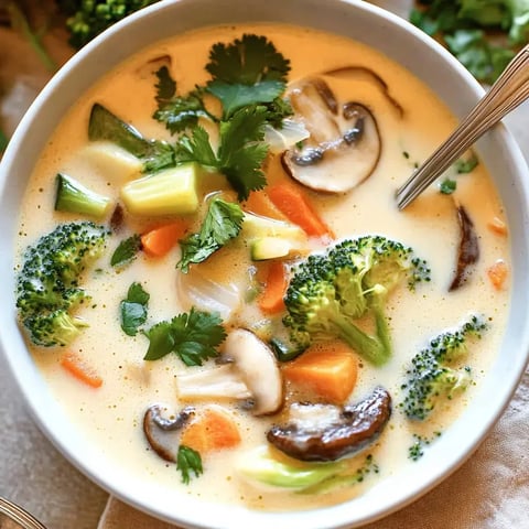 Eine Schüssel mit cremiger Gemüsesuppe, gefüllt mit Brokkoli, Karotten, Pilzen und frischem Koriander.