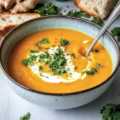 Ein Teller mit cremiger, orangener Suppe, garniert mit frischem Koriander und Sahne, umgeben von Brotscheiben und Ingwer.