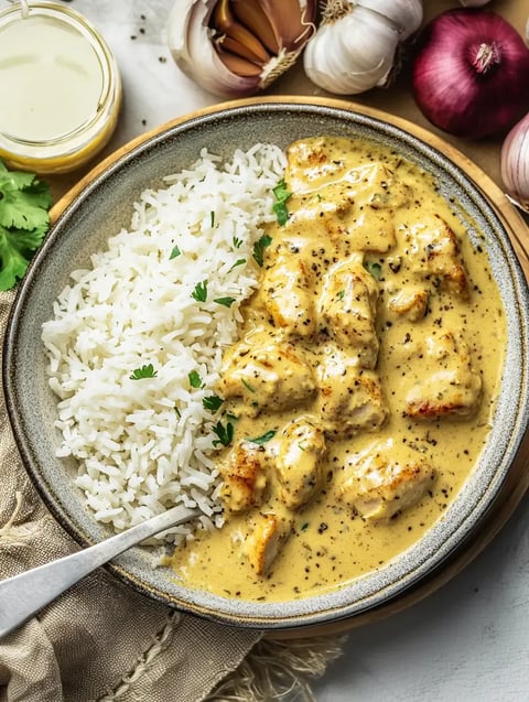 Ein Teller mit cremigem Hühnchencurry, serviert mit weißem Reis und garniert mit frischem Koriander, umgeben von Zwiebeln und Knoblauch.