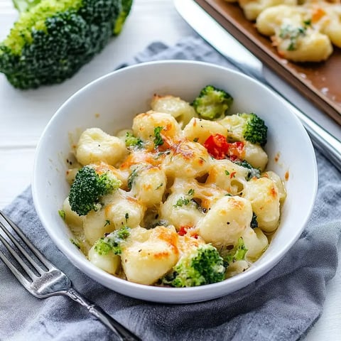 Eine Schüssel mit überbackenen Gnocchi und Brokkoli, garniert mit Käse und frischen Kräutern.
