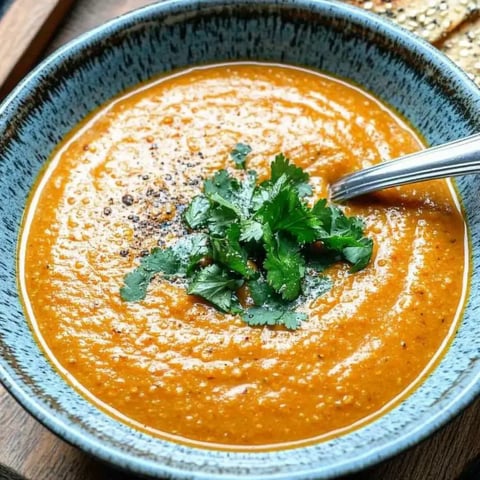 Eine cremige, orangefarbene Suppe mit frischem Koriander und schwarzen Pfefferkörnern in einer blauen Schüssel.