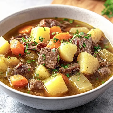 Ein Teller mit herzhaftem Eintopf, der aus Fleisch, Kartoffeln, Karotten und Kräutern besteht.