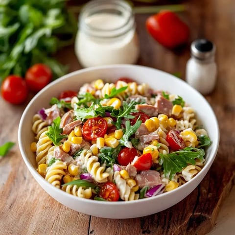Ein bunter Nudelsalat mit Tomaten, Mais, Schinken und Rucola in einer weißen Schüssel.