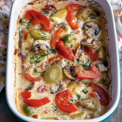Ein Auflauf mit einer cremigen Soße, belegt mit roten und grünen Paprika, Pilzen und frischem Kräutern.
