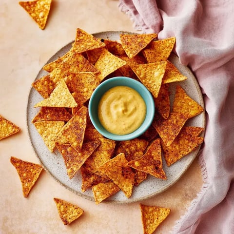 Ein Teller mit Tortilla-Chips, umgeben von einer kleinen Schüssel mit einer cremigen, gelben Sauce.