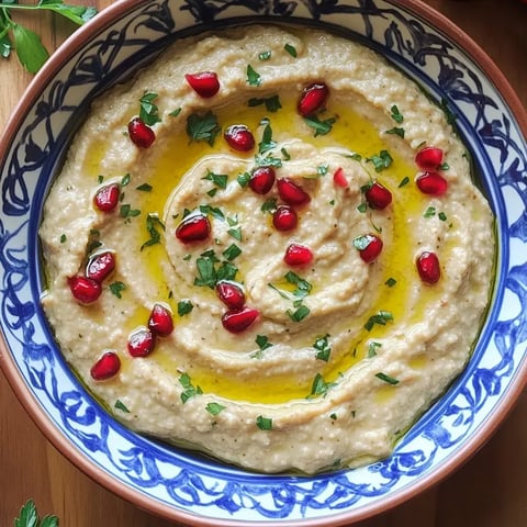 Ein schöner Teller Hummus, garniert mit Granatapfelkernen, frischer Petersilie und Olivenöl, auf einem dekorativen Geschirr.