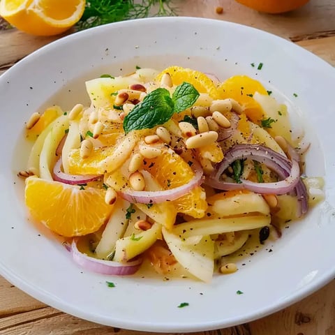 Ein frischer Obstsalat aus Äpfeln, Orangen, roten Zwiebeln, Pinienkernen und frischer Minze in einer weißen Schüssel.