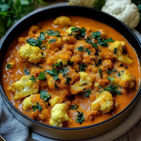 Ein Gericht mit Blumenkohl in einer cremigen, orangefarbenen Sauce, garniert mit frischem Koriander.