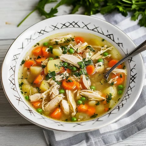 Eine Schüssel mit Hühnersuppe, gefüllt mit Hähnchenfleisch, Karotten, Erbsen und Kartoffeln, garniert mit frisch gehackter Petersilie.