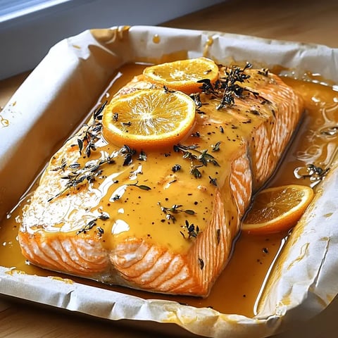 Ein Lachsfilet mit einer Honig-Zitronen-Glasur, garniert mit frischen Kräutern und Orangenscheiben, liegt in einer Backform.