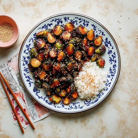 Ein Teller mit gebratenen Rosenkohl und Reis, garniert mit Sesam, auf einem dekorativen Tellerrand.