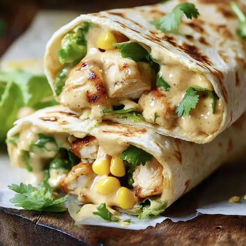 Zwei gefüllte Tortillas mit gegrilltem Hähnchen, frischem Gemüse, Koriander und einer cremigen Sauce.
