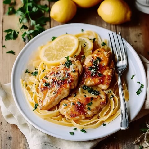 Ein Teller mit gebratenem Huhn auf Fettuccine, garniert mit Zitronenscheiben und frischer Petersilie.