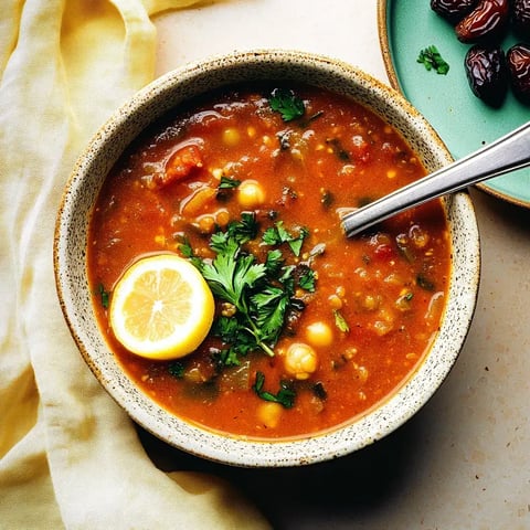 Eine Schüssel mit einer würzigen Linsensuppe, garniert mit frischem Koriander und einer Zitronenscheibe, steht auf einem Tisch neben einer kleinen Schale mit Datteln.