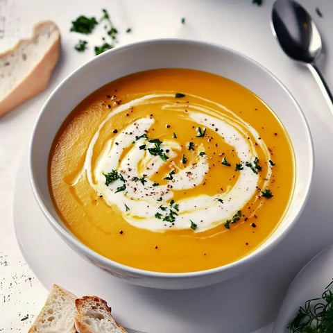 Eine Schüssel pürierte Kürbissuppe mit Sahne, frischen Kräutern und Pfeffer, begleitet von einem Stück Brot.