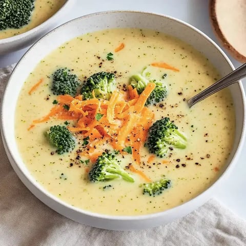 Eine Schüssel cremige Brokkoli-Karotten-Suppe, dekoriert mit geriebenen Karotten und Brokkoliröschen.