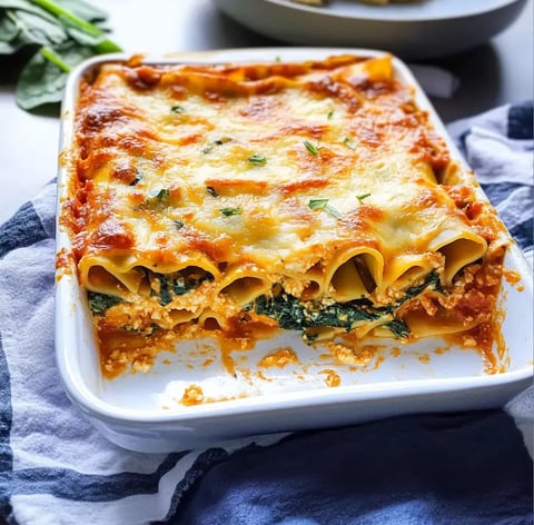 Ein gebackenes Gericht mit Cannelloni, gefüllt mit Spinat und Ricotta, bedeckt mit schmelzendem Käse.