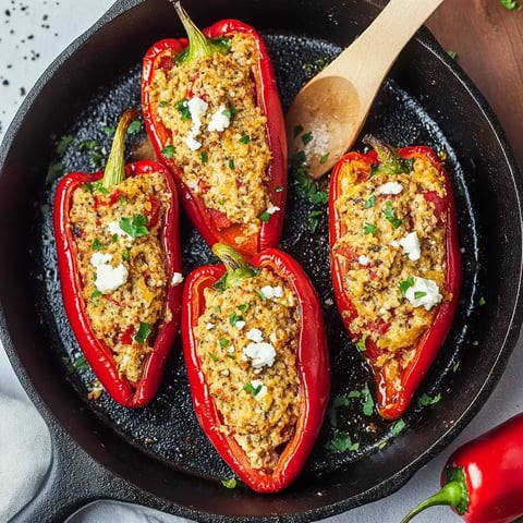 Gefüllte rote Paprikaschoten mit einer goldbraunen Mischung aus Quinoa und Feta, serviert in einer gusseisernen Pfanne.