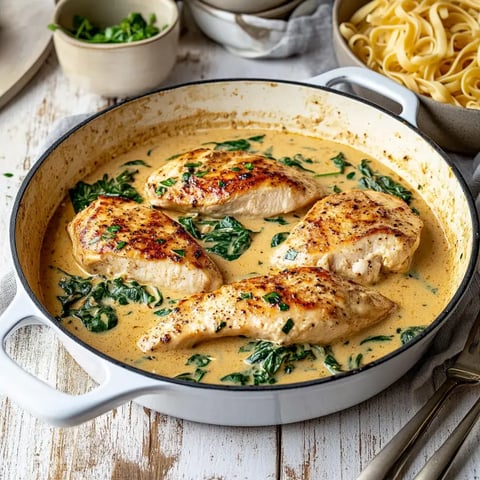Ein Topf mit gebratenen Hähnchenbrustfilets in einer sahnigen Spinatsoße, umgeben von frischen Kräutern und einer Schale mit Pasta im Hintergrund.