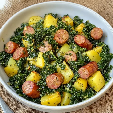 Ein Teller mit grünem Grünkohl, Bratwürsten und stückigen Kartoffeln.